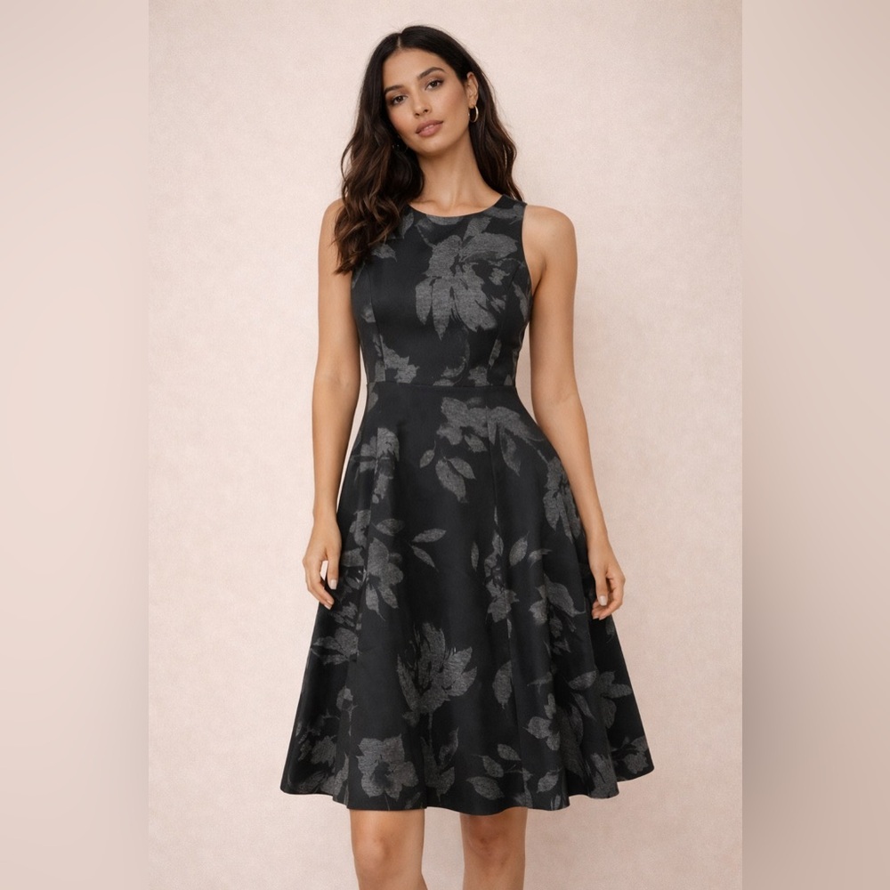 Ivanka Trump Black and Gray Floral Midi Dress